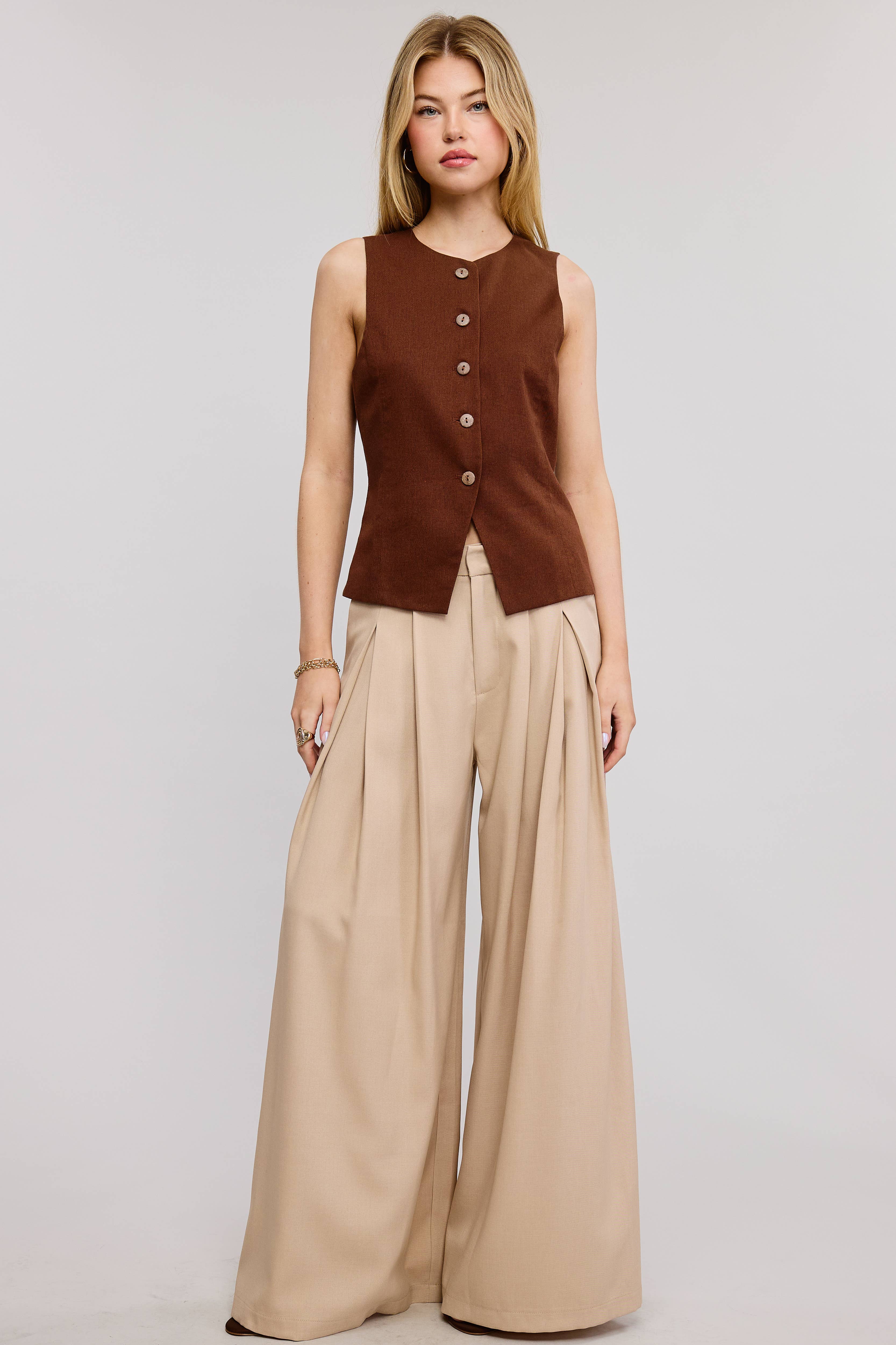 Mimosa - Wholesale Outerwear Vest - Women's - Button Down Sleeveless Round Neck Waistcoat Vest22