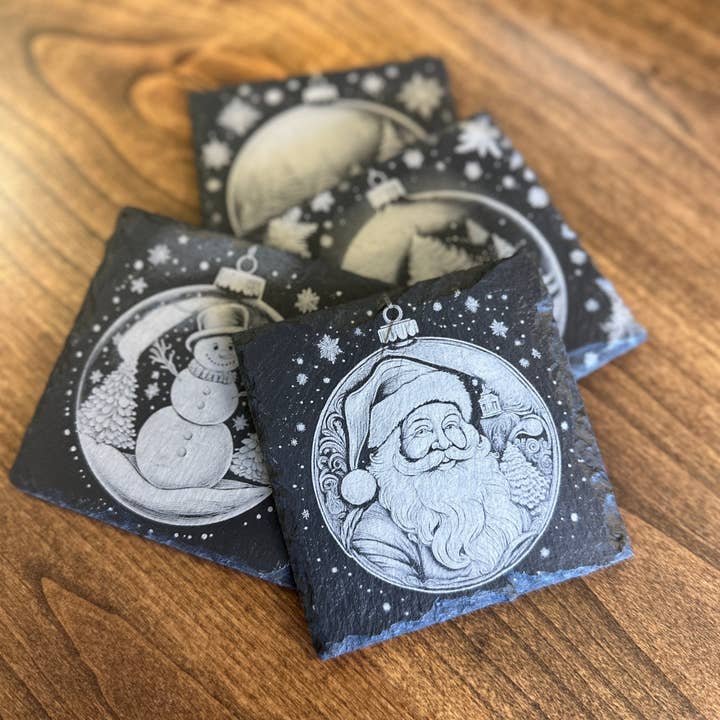4-Piece Slate Coaster Set – Unique Laser-Etched Christmas Designs for wholesale by Seeds & Sawdust