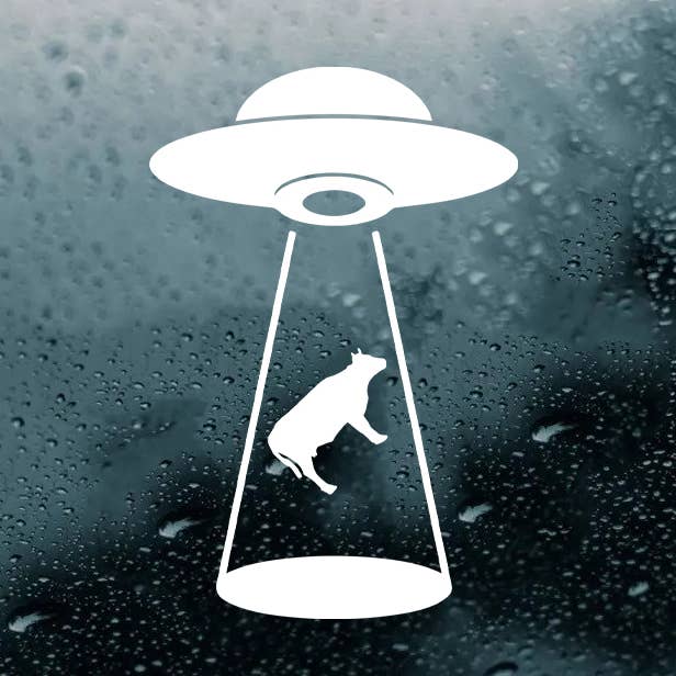 White UFO Abduction Cow Flying Vinyl Decal Die Cut Sticker for wholesale by Minglewood Trading
