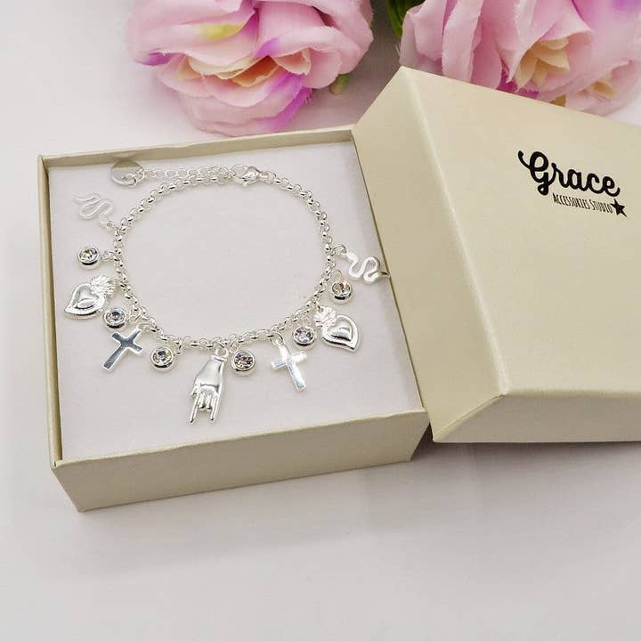 MEGA LUCKY bagnato ARGENTO ~ Bracciale in ACCIAIO INOSSIDABILE con charms scaramantici for wholesale on Faire0