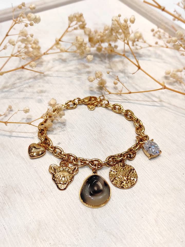 Pulseira de elos grandes com pendente Isabella leopardo por atacado de LOLO & YAYA