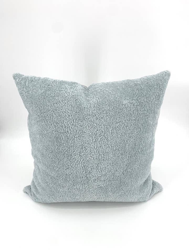 Pale Blue Sheepskin and Silver Leather Pillow for wholesale by Tasha Tarno