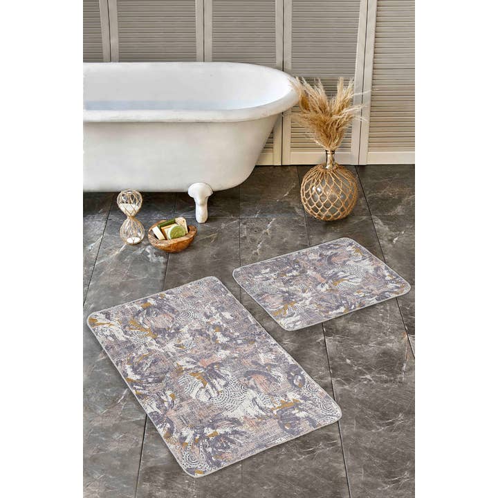 Realhomes - Wholesale Bath Mat Set - Gray Vintage Design Bath Mat Set-Elegant Beige Bathroom Rug