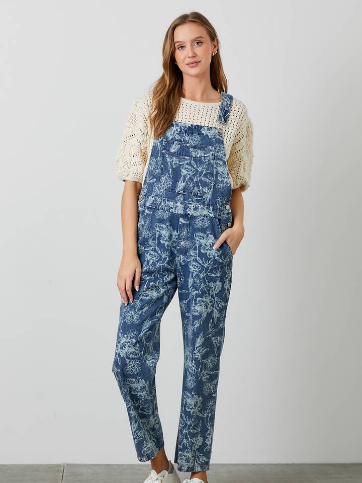 FLORAL PRINT DENIM OVERALLS for wholesale by Polagram by Wellmade USA
