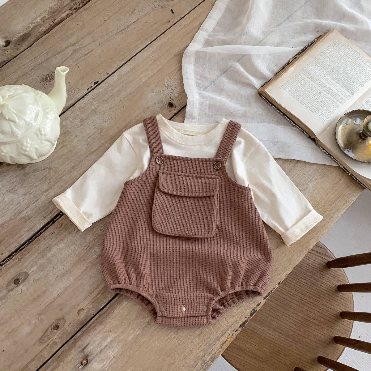 MyKids-USA® – wholesale Klädesset - Baby – Bebis Tecknad Tryck Topp med Våffeltyg Axelband Bodysuit Set1