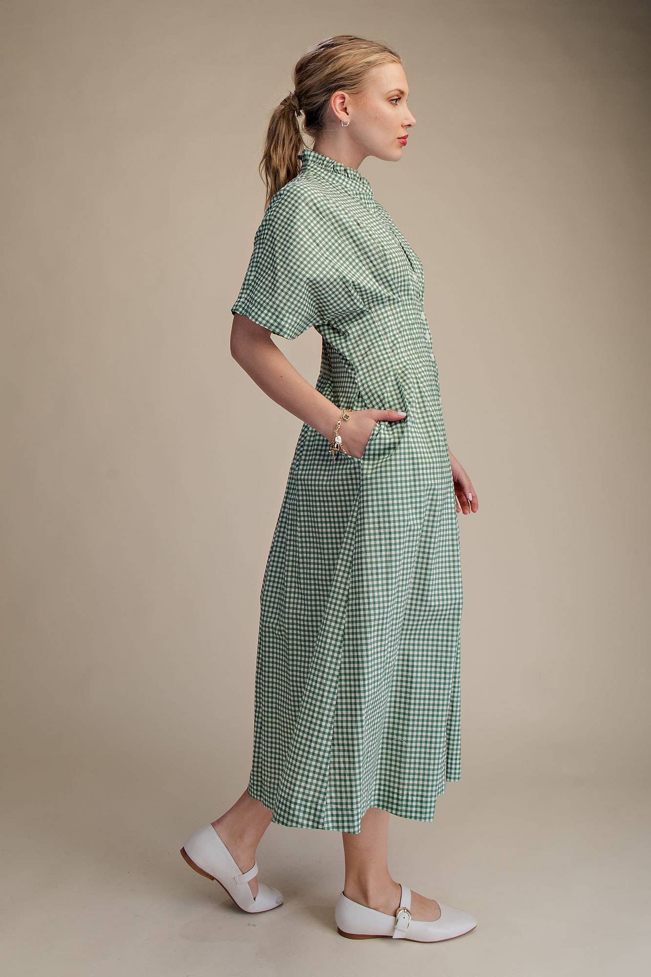 Glam - Wholesale Dress - Women's - Gingham Check Ruffle Neck Waist Pleated Midi Dress8