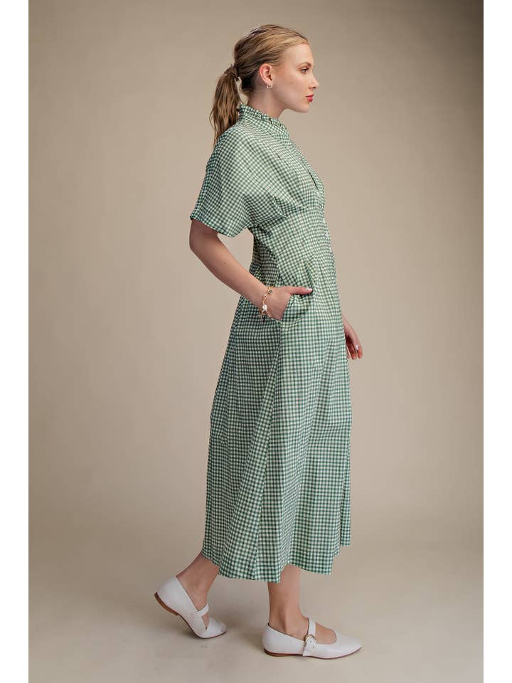 Glam - Wholesale Dress - Women's - Gingham Check Ruffle Neck Waist Pleated Midi Dress8