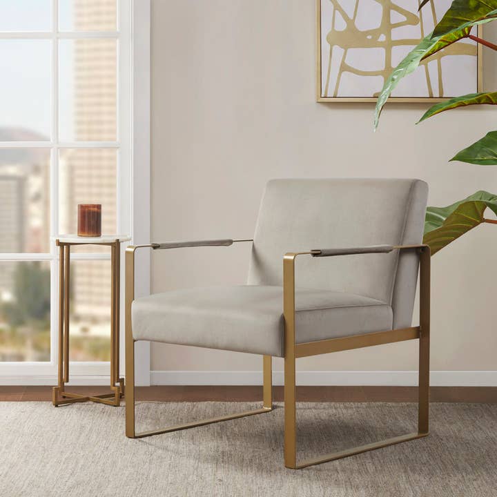 Modern Accent Chair with Antique Gold Metal Base for wholesale by Olliix