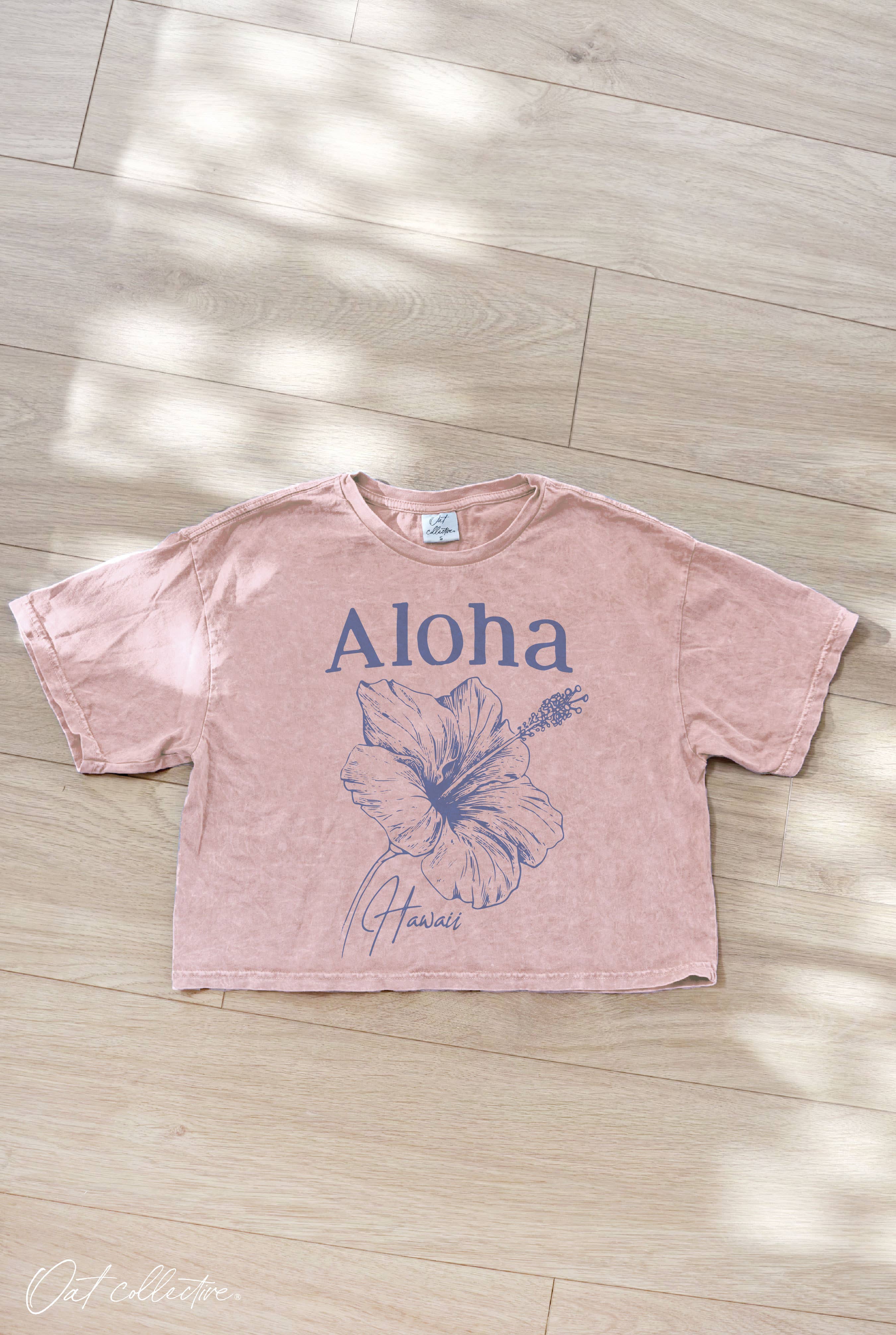 OAT COLLECTIVE - Wholesale Screen Printed T-Shirt - Women's - ALOHA HAWAII Cropped Mineral Washed Graphic Top
7