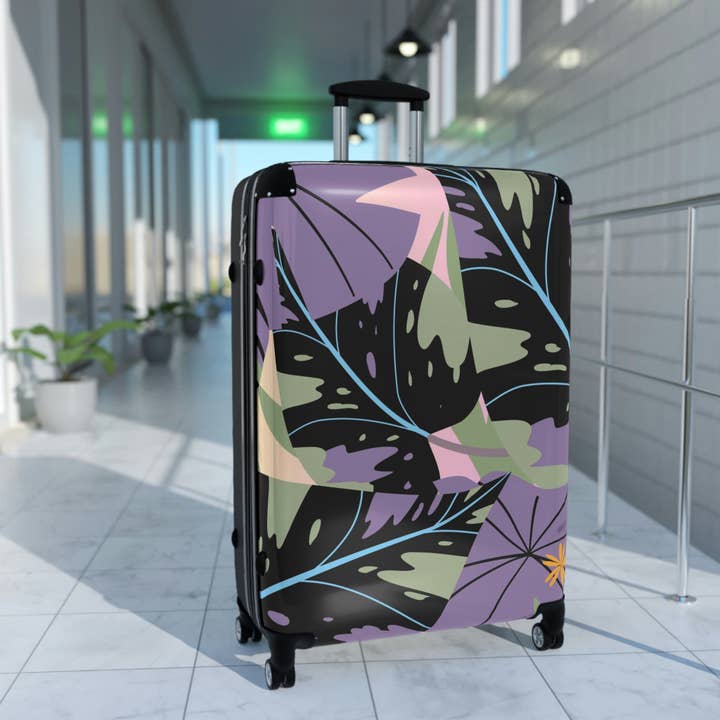 Black Lavender Jungle Collection Suitcase, Custom Designed Tropical Art Suitcase for wholesale on Faire
