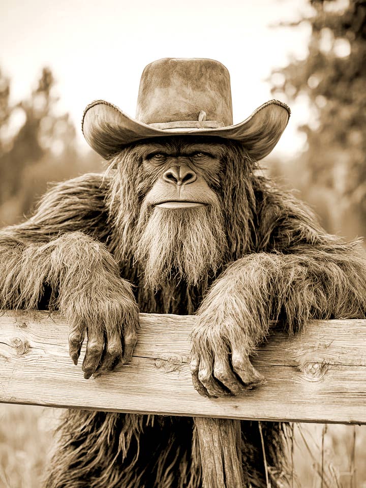 Cowboy Bigfoot Hanging Out - Bigfoot Art Prints – 8″x10″ Artwork in 11″x14″ Mat for wholesale by Mowbi