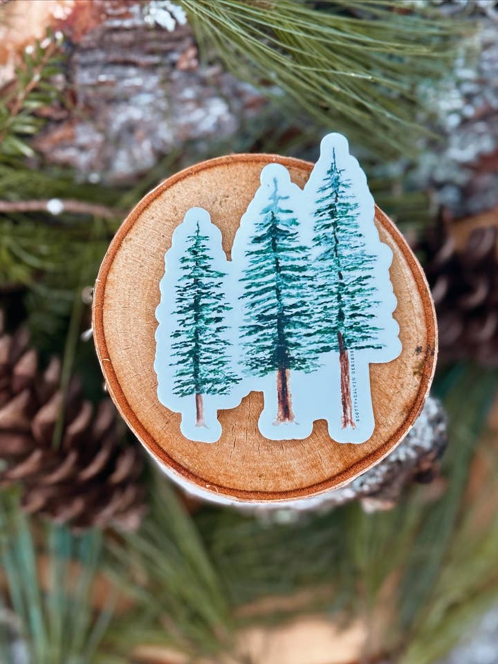 Watercolor Pine Trees Weatherproof Sticker for wholesale by Scotty + Calvin Designs