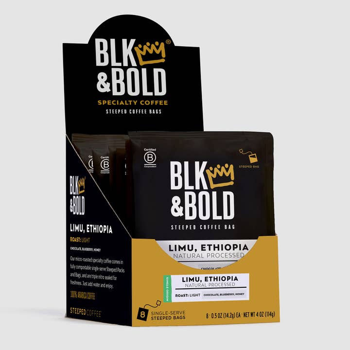 BLK & Bold: Limu Ethiopia Light Roast Coffee 8ct Carton for wholesale by Steeped Coffee