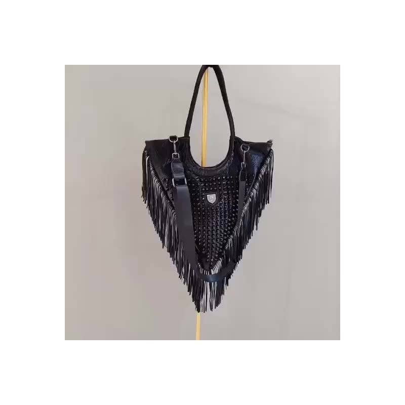 BLACK Triangle Single Shoulder Bag With Rivet Tassel for wholesale on Faire3