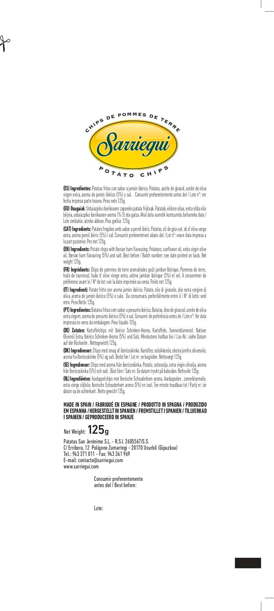 Chips Sarriegui – Batatas fritas por atacado – BATATAS FRITAS 125 g SABOR PRESUNTO IBÉRICO6
