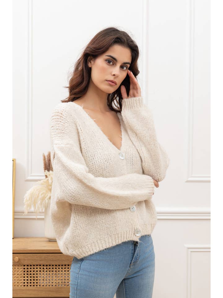 Happy look - Wholesale Cardigan - Women's - Wool blend puff-sleeve cardigan