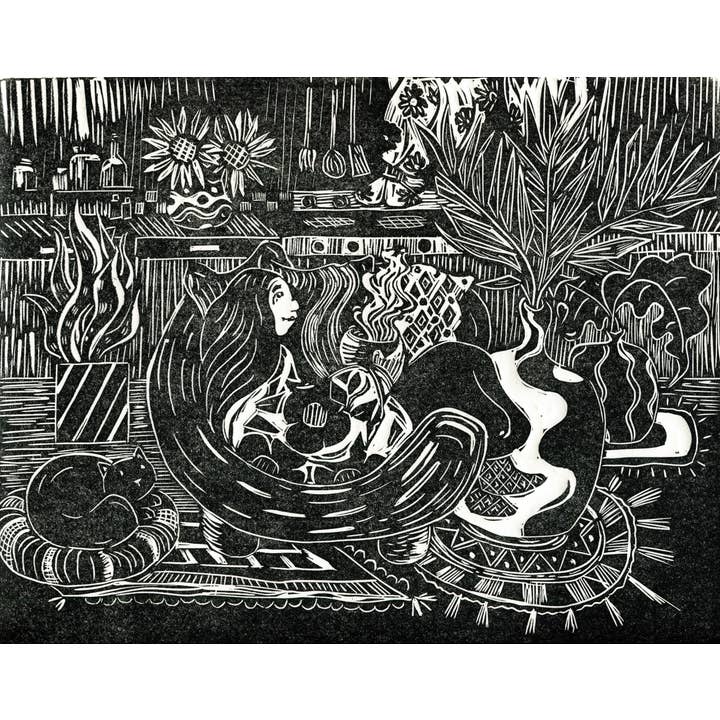 Un imprimé en linogravure noir et blanc pour une journée douillette pour la vente par China Jones Art