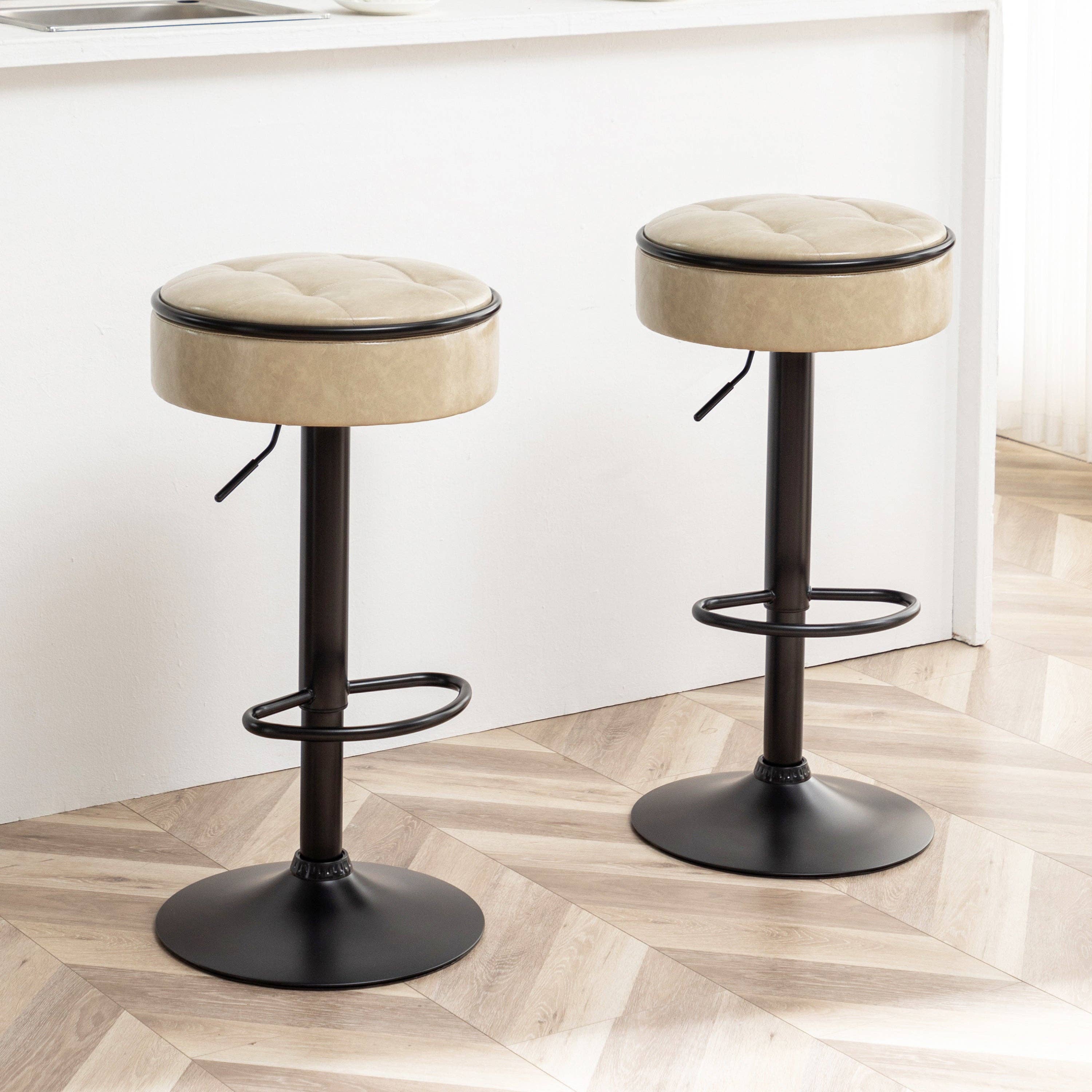 Orange County Decor - Wholesale Stool - Round Storage Bar Stool Set Of 2, Khaki Faux Leather Height Adjustable Barstool, 360 Counter Height Swivel Stool, Armless Bar Chair With Metal Frame For Kitchen Counter Dining Living Room Khaki Set34