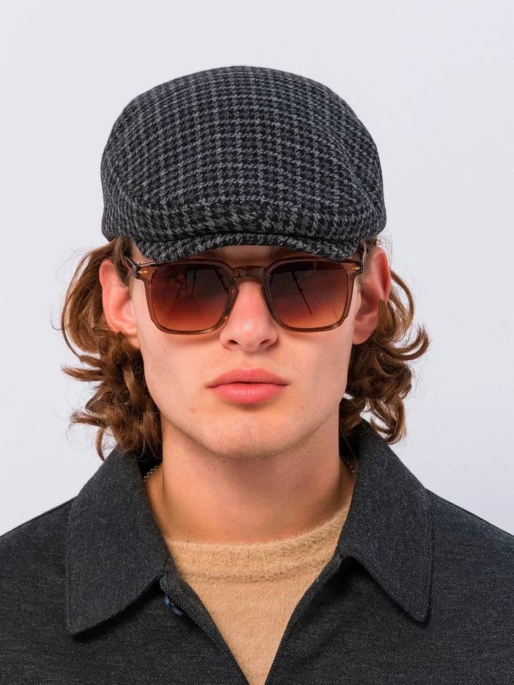 Men's Wool Blend Houndstooth Newsboy Cap - Dark Grey for wholesale by Ron Tomson