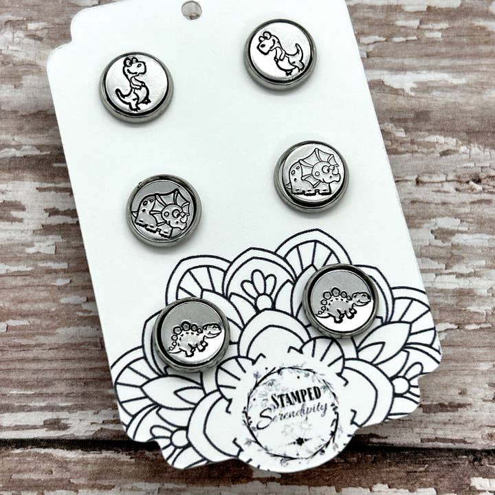 Stamped Serendipity - Wholesale Jewelry Set - Stud Earring Trio Cards-Dinosaurs T Rex, Triceratops, Stego2