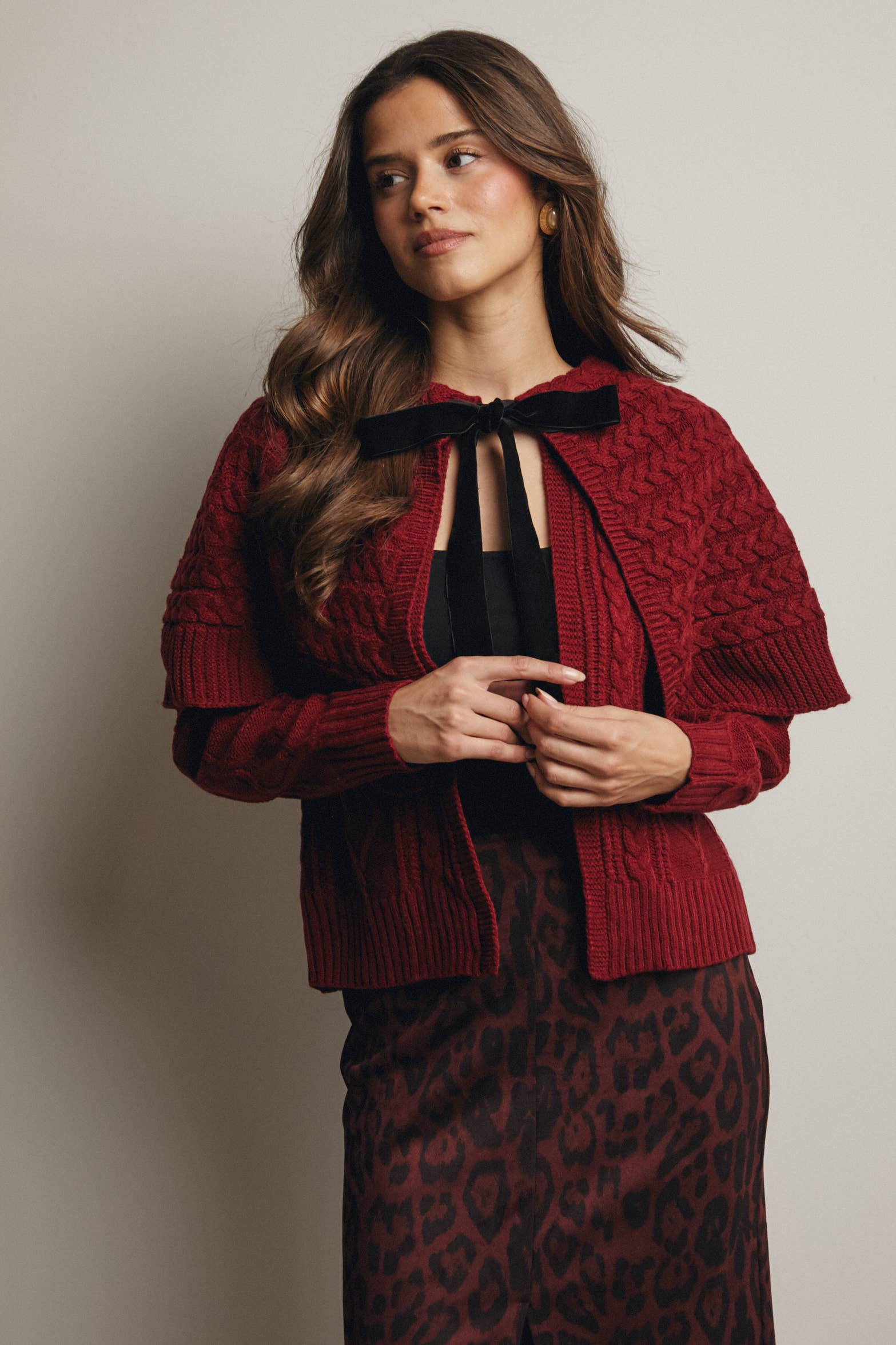 Forte – wholesale Cardigan – Women’s – Cable Knit Capelet Cardigan with Velvet Bow FSW0017 13