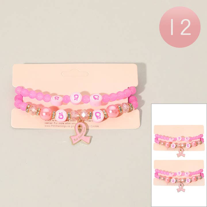 Sensibling Corp. - Wholesale Beaded Bracelet - 12 SET OF 2-Enamel Pink Ribbon Charm Bead Stretch Bracelets