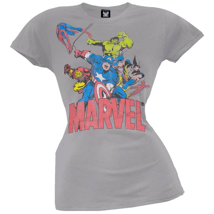 Official Store - Wholesale Screen Printed T-Shirt - Women's - Marvel - 6 Heroes Tan Women's Juniors T Shirt