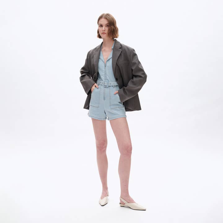 LIGHT BLUE V-NECK DENIM ROMPERS WITH FINISHED HEM BYRL017 for wholesale on Faire