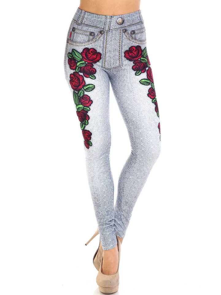USA Fashion - Wholesale Fashion Leggings - Women's - Creamy Soft Denim Rose Leggings - USA Fashion™6