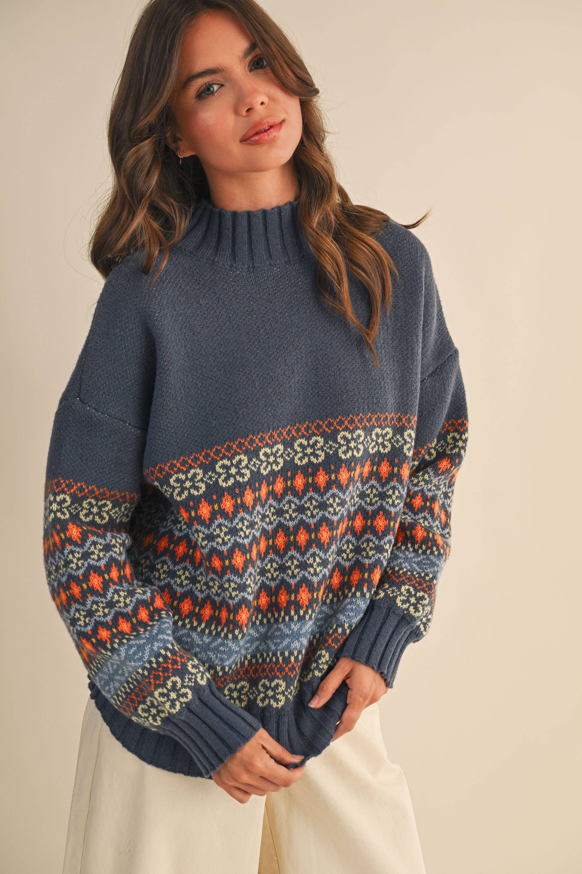 COMBO MARINE Haut de pull à col montant à motif rayé contrasté IT4443 en vente sur Faire1