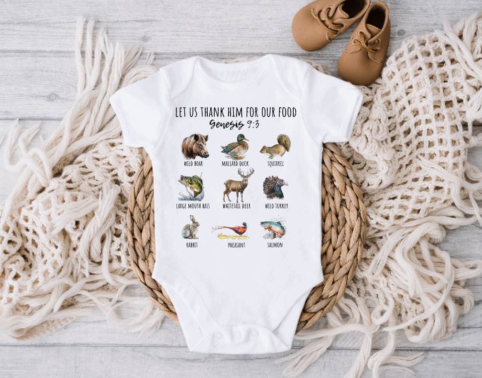 AvaryMaeInspirations - Wholesale Bodysuit (Non-Footed) - Baby - Let us Thank Him for Our Food Hunting Baby Onesie