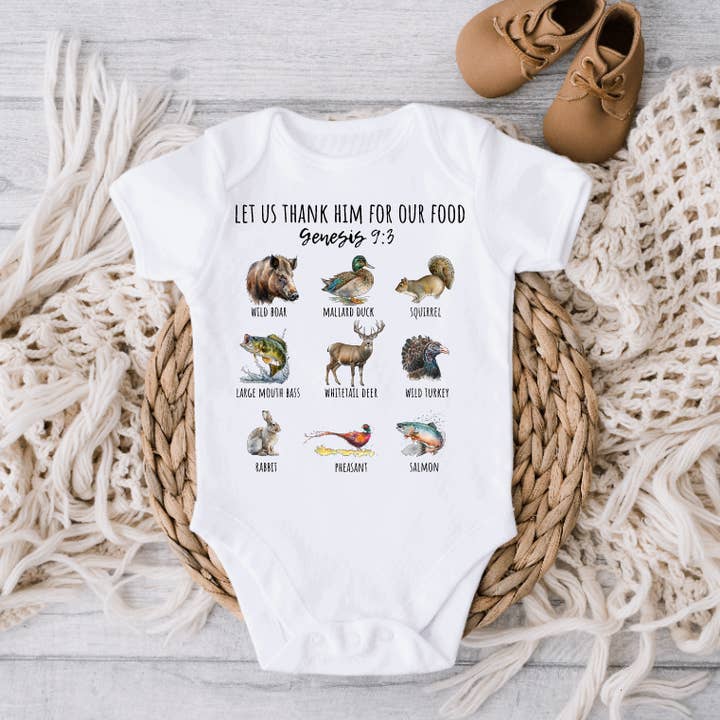 AvaryMaeInspirations - Wholesale Bodysuit (Non-Footed) - Baby - Let us Thank Him for Our Food Hunting Baby Onesie0
