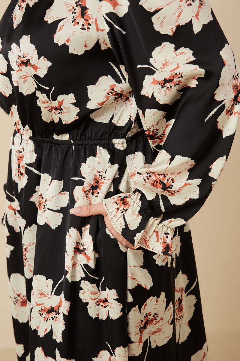 Black Womens Romantic Floral Ruffle Neck Cinched Cuff Dress for wholesale on Faire9