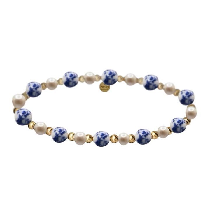 bara boheme - Wholesale Beaded Bracelet - BLUE ROSE | Floral Porcelain & Gold-Filled bead Bracelet