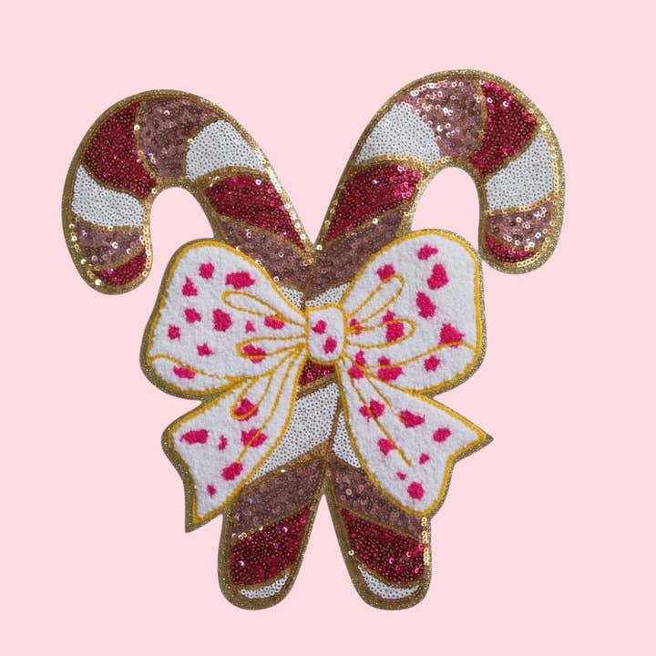 Patch thermocollant de Noël en forme de canne à sucre avec nœud à sequins pour la vente par Rosie Posie Patches