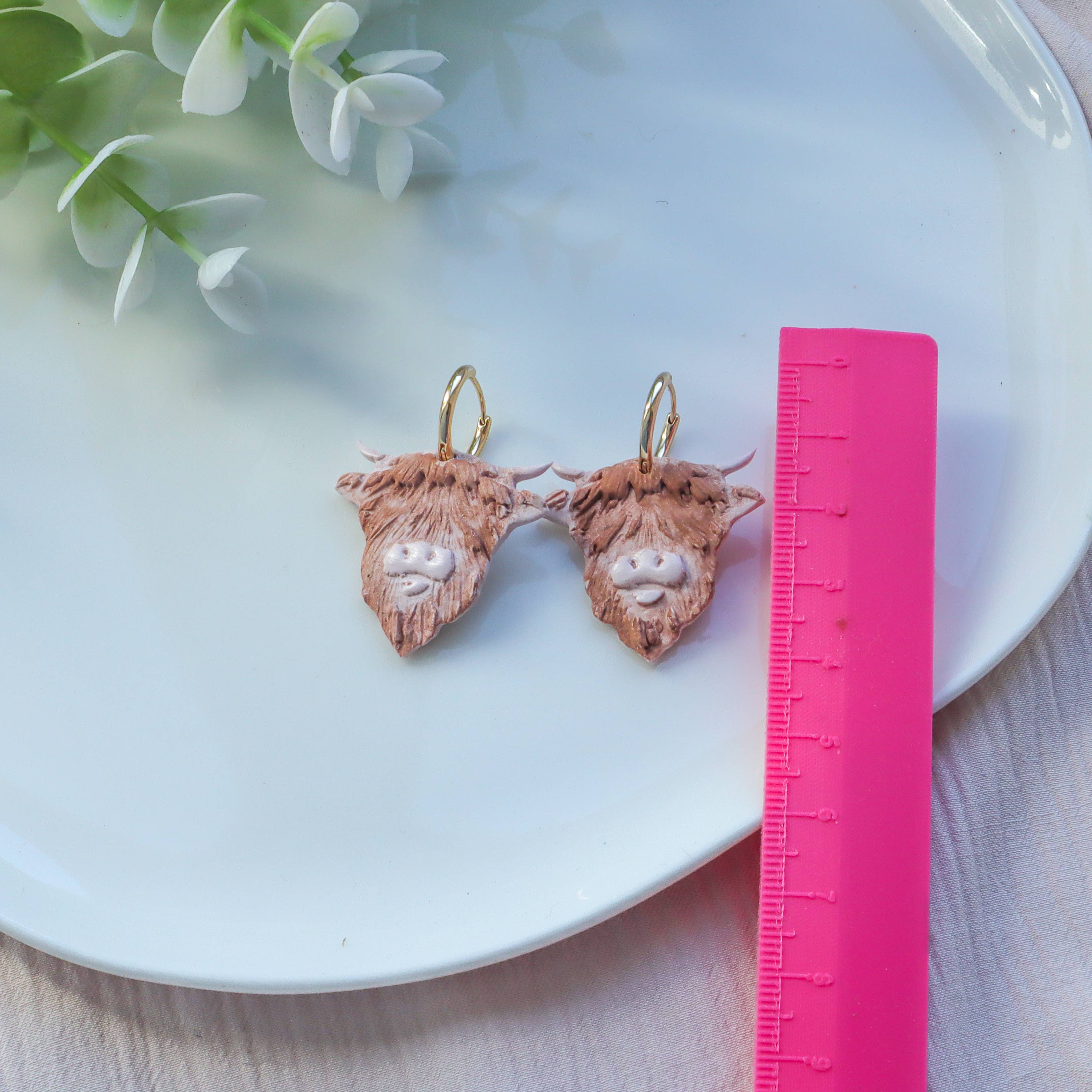 K's Craft House - Wholesale Hoop Earrings - Highland Cow Clay Hoop Earrings – Gold-Plated Huggie5