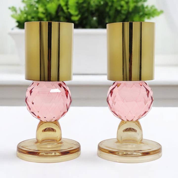 Set of Two Amber Gold And Pink Faceted Crystal Candlesticks for wholesale by HomeRoots