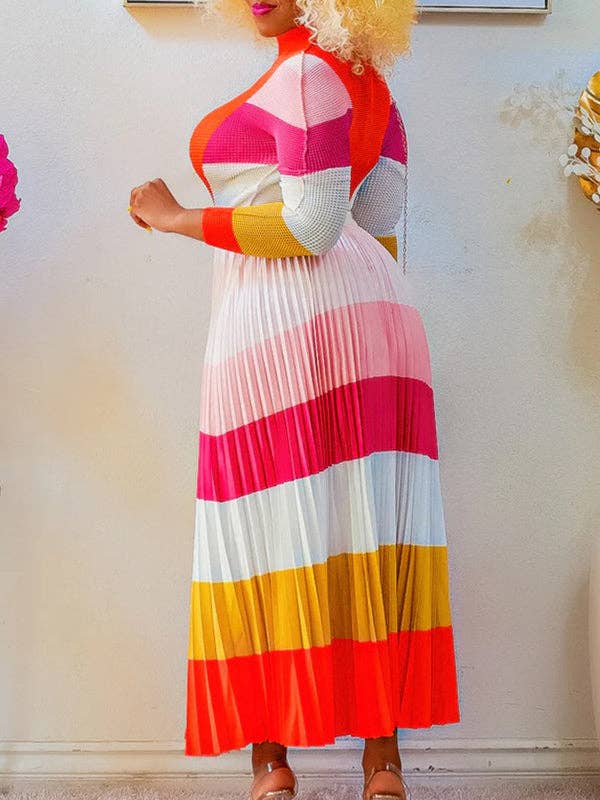 Sheer Trend - Venta al por mayor Conjuntos de top y falda - Mujer - Conjunto de dos piezas de blusa de manga larga con cuello simulado, estampado plisado de color contrastante y falda en talla grande.6