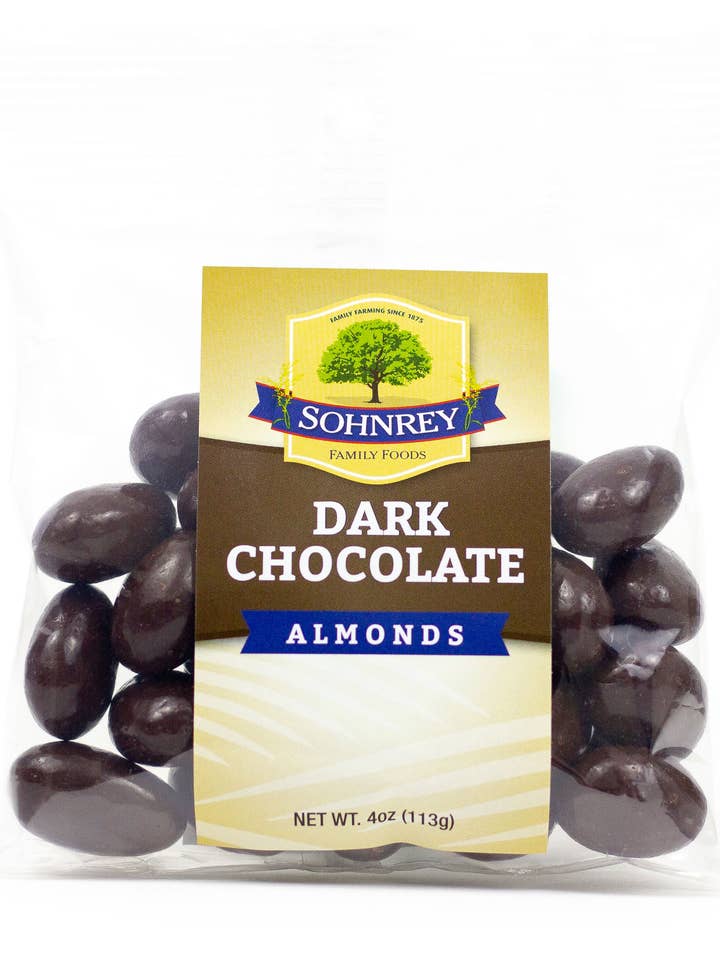 Dark Chocolate Almonds 4 oz for wholesale by Sohnrey Family Foods LLC