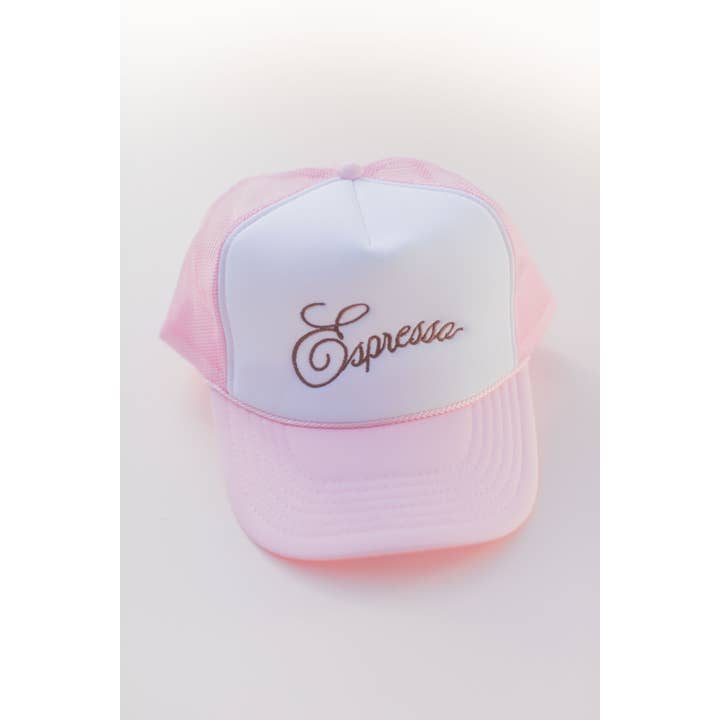 Pink White Embroidery Espresso Sabrina Carpenter Trucker Hat Cap for wholesale on Faire