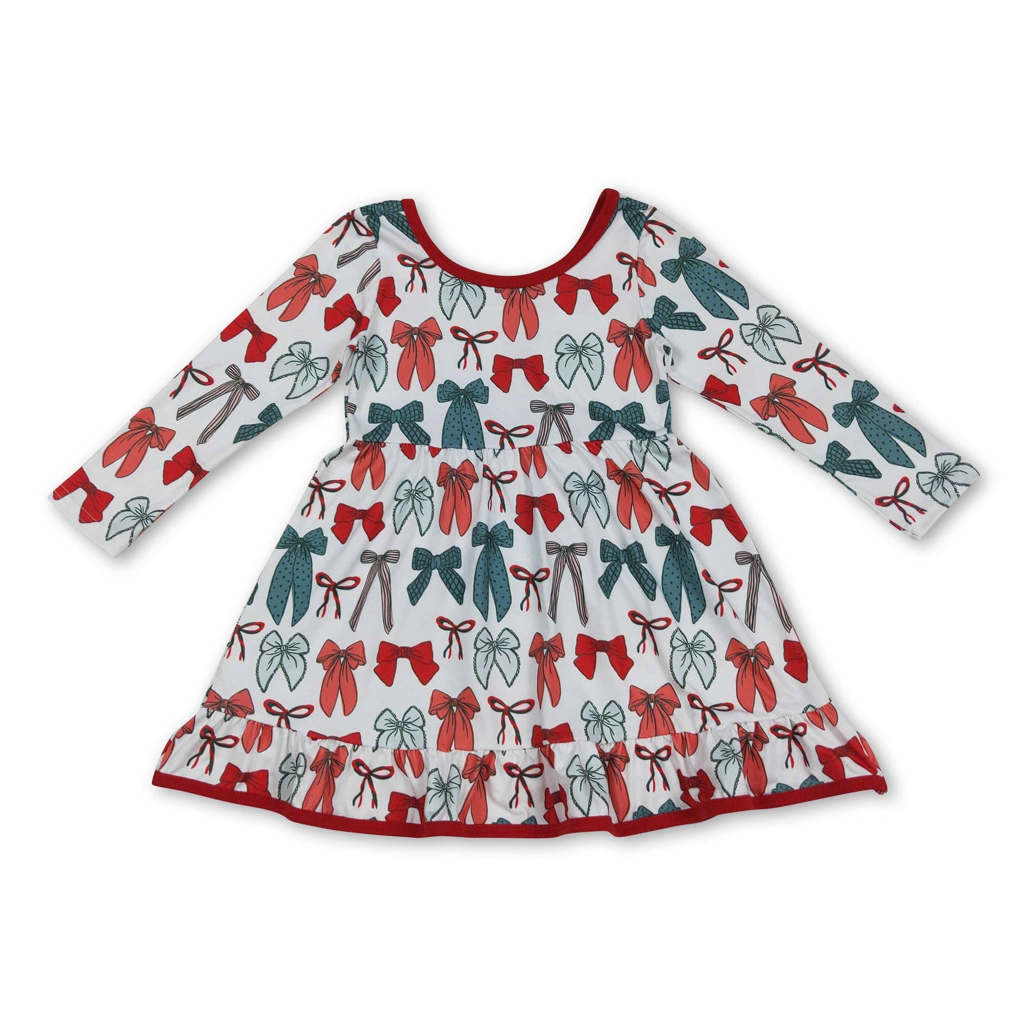 Yawoo Garments - Vente Robe – enfant - Robes de Noël pour filles à manches longues avec nœud rouge et vert et volants0