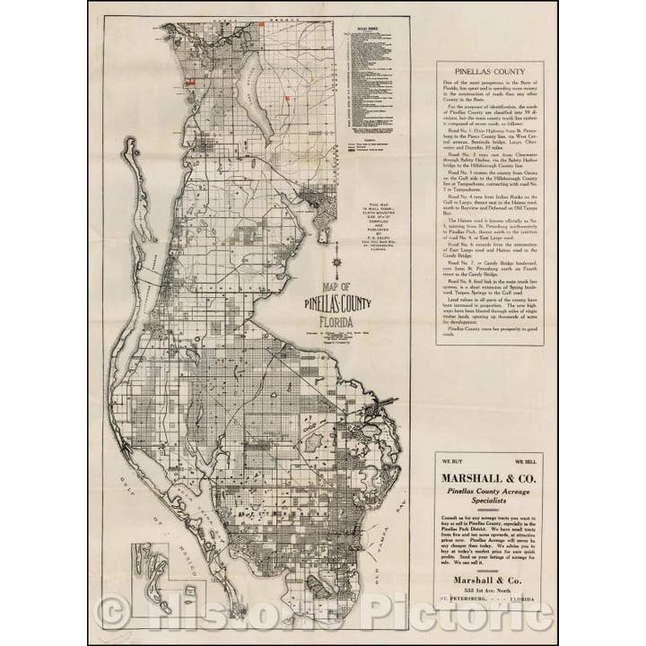 Mapa histórico de 1925 del condado de Pinellas, Florida, por F.B. Dolph para venta al por mayor de Historic Pictoric