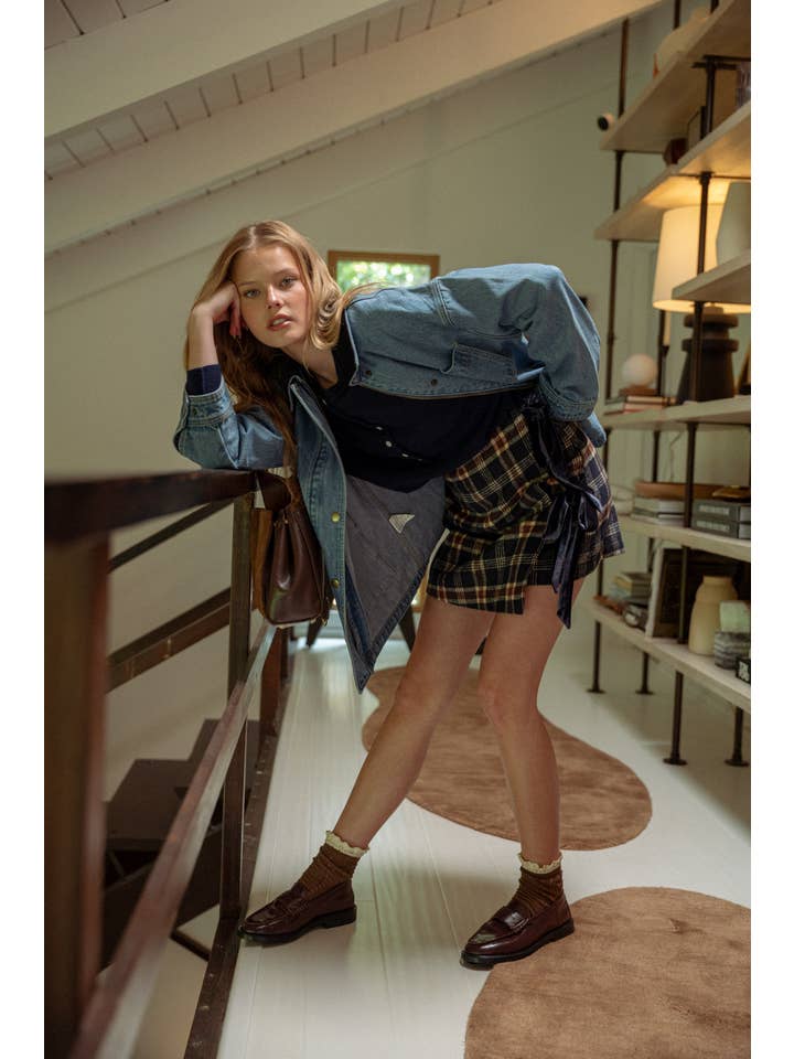NAVY S5631   PLAID PATTERN WRAP SKIRT for wholesale on Faire9