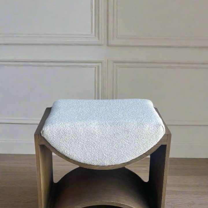 Statements by J - Wholesale Stool - Wave White Boucle Wood Stool in Weathered Oak0