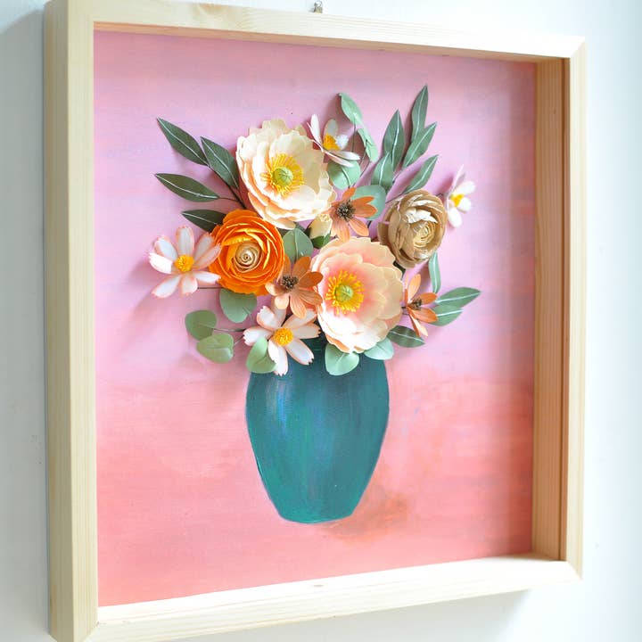 3D Paper Flowers on a Handpainted Canvas | 16x16x2 inches for wholesale by Viet Craft Village