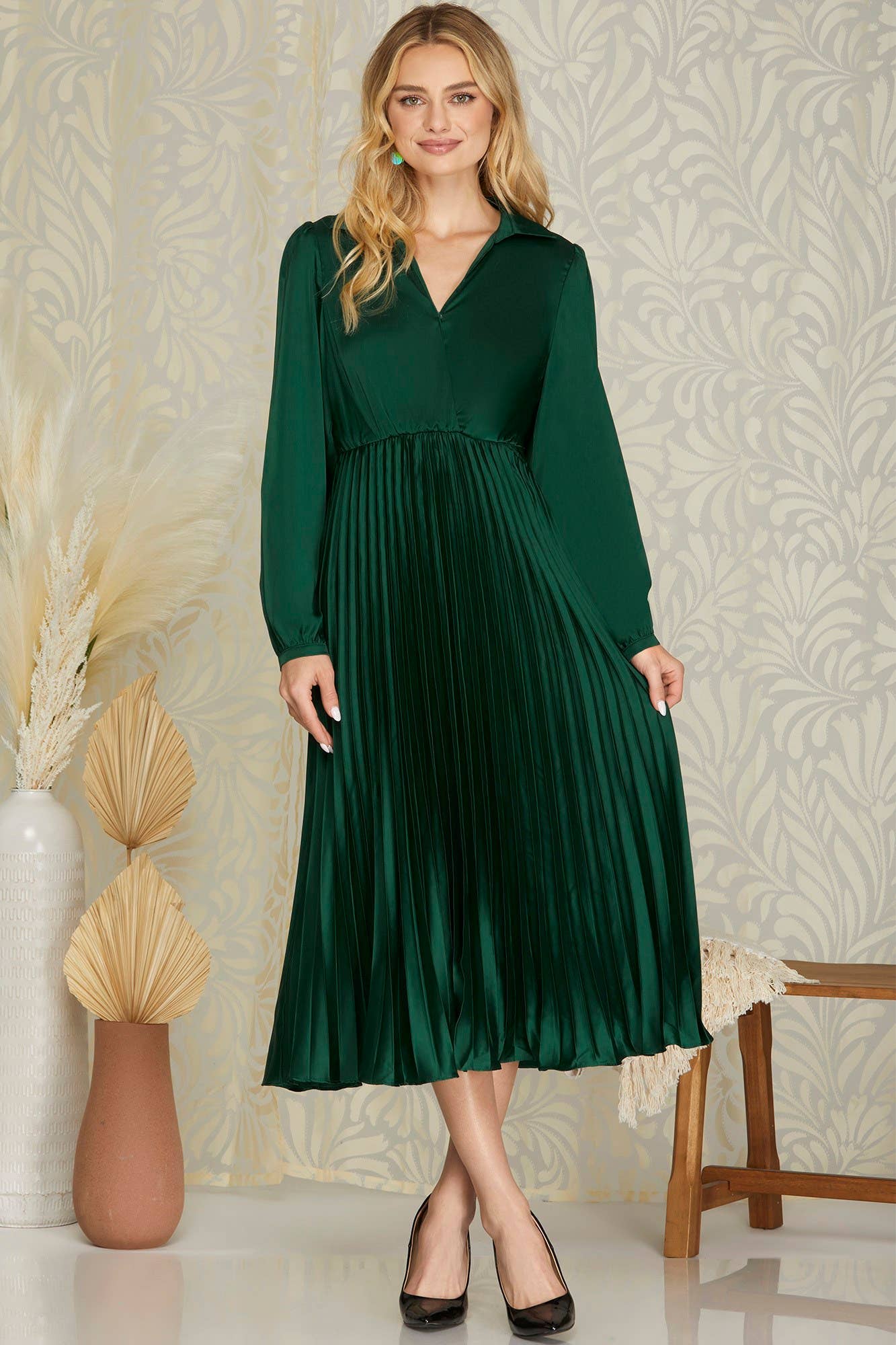 Vanilla Monkey - Wholesale Dress - Women's - Surplice Long Sleeve Woven Satin Pleated Midi Dress2