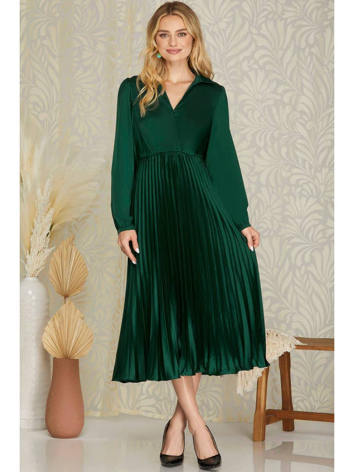 Vanilla Monkey - Wholesale Dress - Women's - Surplice Long Sleeve Woven Satin Pleated Midi Dress2