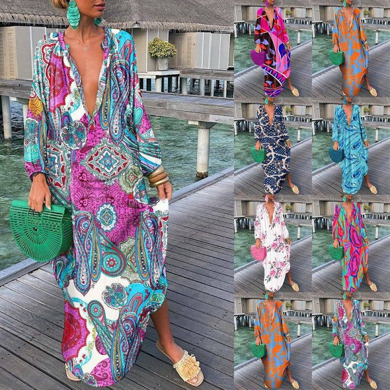 SALINA TRADING INC - Wholesale Dress - Women's - Women Bohemian Elegant Vintage Long Sleeve Button Loose Big V Neck Dress9
