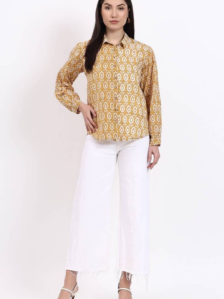 Hi Handmade - Wholesale Button Down Shirt - Women's - Panel Shirt - Mustard