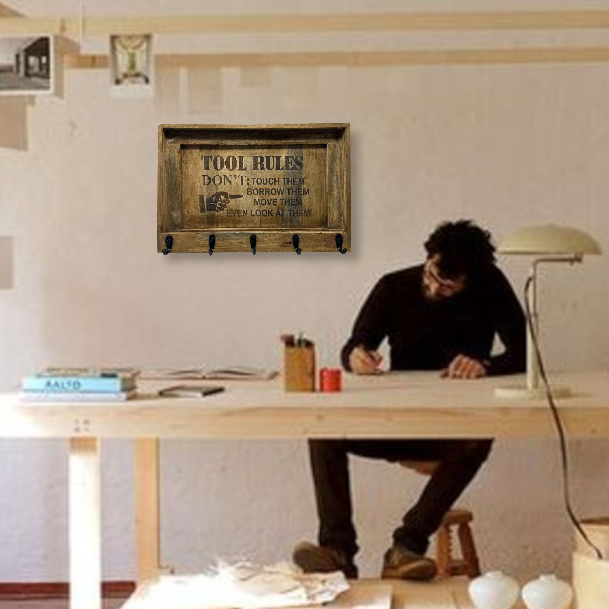 Wilco Home - Wholesale Tool Set - Tool Rules Etched Wood Wall Organizer with Cast Iron Hooks3